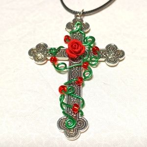 Rose cross silver green vine rosebud beads faith handmade red glass pendant gem